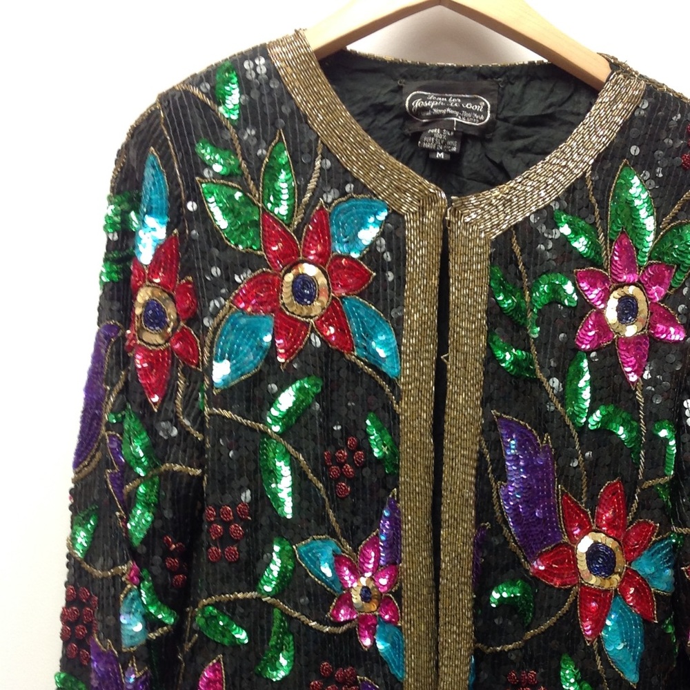 Vintage Black Sequin Blazer Multi Floral